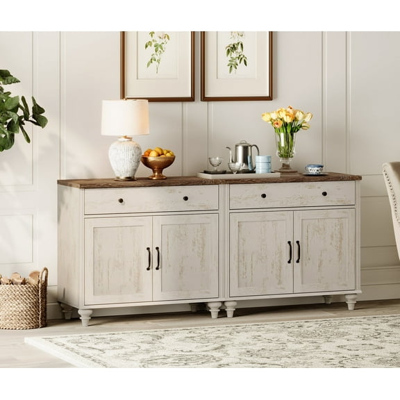 Modern Buffet Cabinet with 4 Doors & 2 Drawers, Large Wood Coffee Bar Table & Kitchen Storage Cabinets, Farmhouse Sideboard Credenza for Dining Room, Rustic White