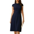 thumbnail image 1 of Vestido plisado de mujer Inspire Chic con cuello simulado, mangas cortas, ceñido a la cintura, estilo A-Line, talla XL, azul oscuro, 1 of 6