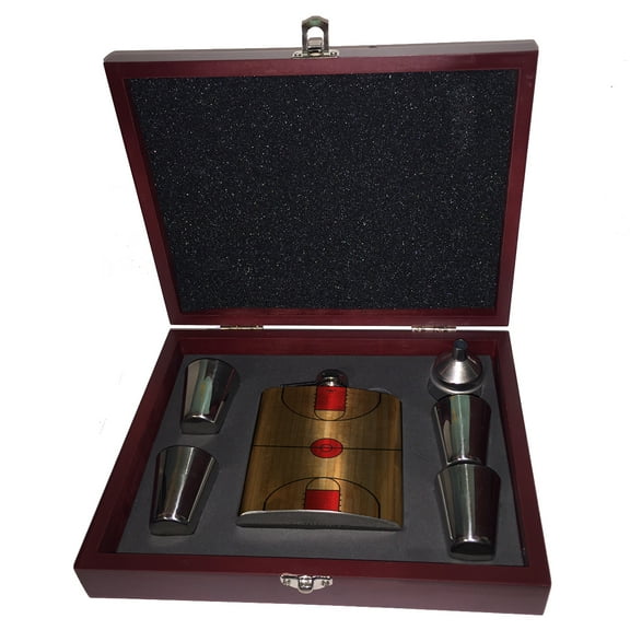 KuzmarK 6 oz. Stainless Steel Flask Set in Rose Wood Presentation Box -  Basketball Court