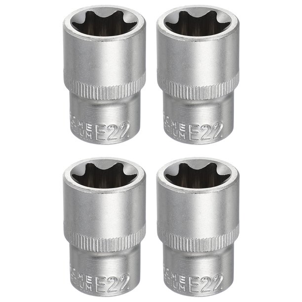 Uxcell 4pcs E-Torx Socket 1/2" Drive E22 Star Metric Socket 1.5" Length External Torx Shallow Sleeve 35K Alloy Steel Chrome 6 Point Spline Sleeve para Reparaciones de Autos