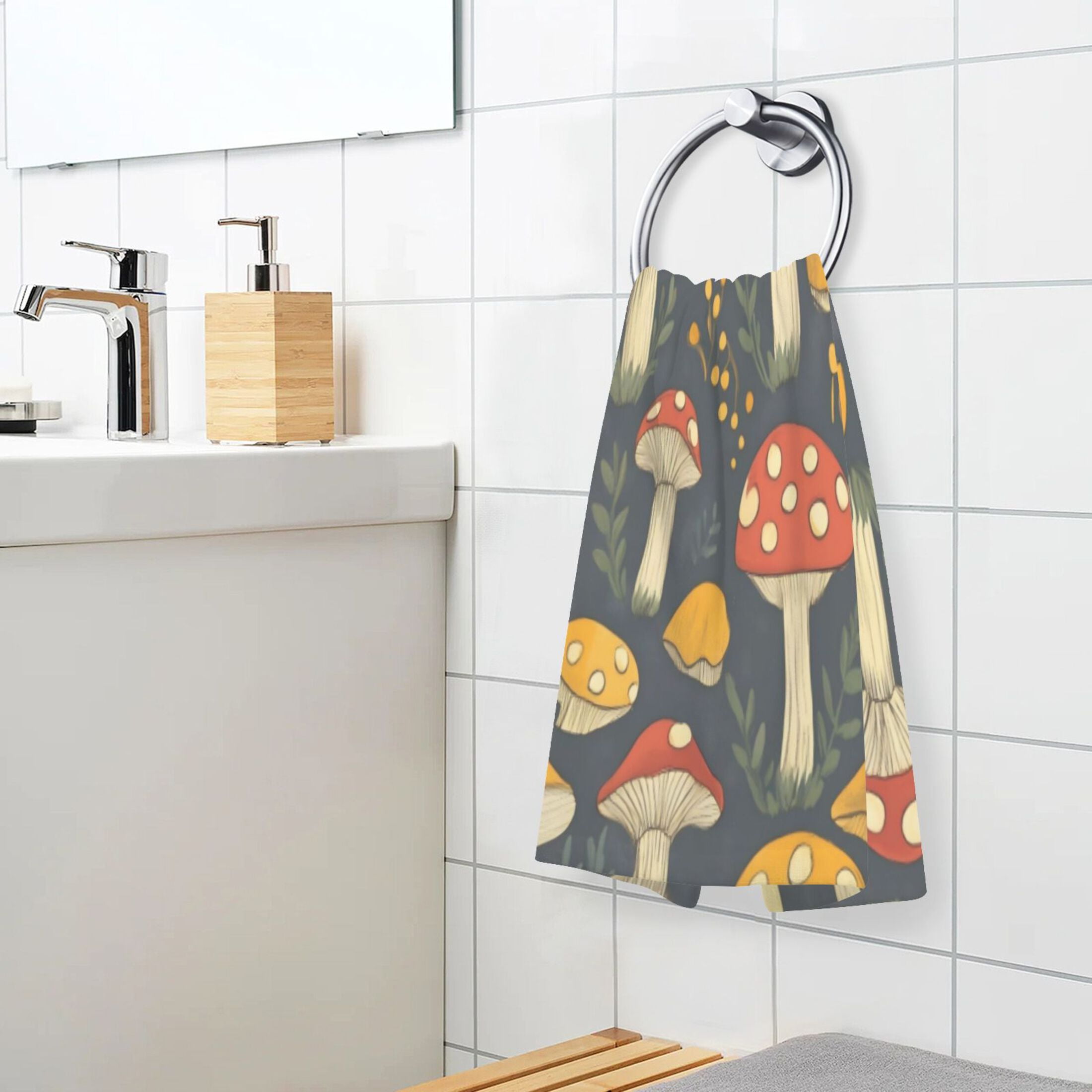 Cotton Towel Two-Piece 16x28 Inch One Sizex2 Face Towel Set Towel Set Cotton Hand Bath Towel Bathroom Beach Mushroom with Black Background