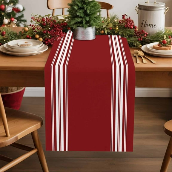 Farmhouse Wine Cotton Linen Table Runner Red White Stripe Dining Table Runners for Home Decor Party Dining Room Restaurant Kitchen Party 13" x 36"