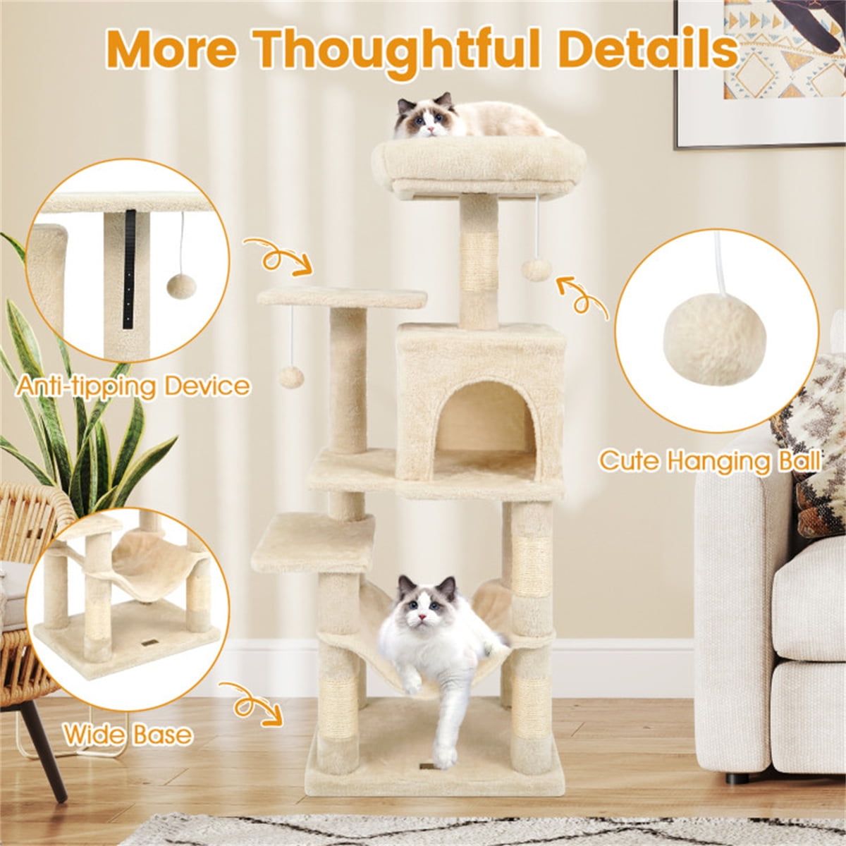 ZephyPaws Cat Tree with Scratching Post for Indoor Cats, 44" Tall Plush Multi-Level Cat Climbing Tower Condo House with Large Hammock, Spacious Cat Cave & Big Padded Top Perch Bed, Beige