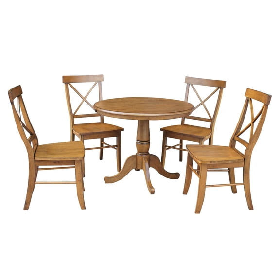 36" Round Dining Table with 12" Leaf and 4 X-back Chairs – Pecan - 5 Piece Set