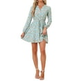 thumbnail image 2 of INSPIRE CHIC Women's V Neck Floral Print Elastic Waist Button Down A-Line Mini Midi Dress S Light Blue, 2 of 6