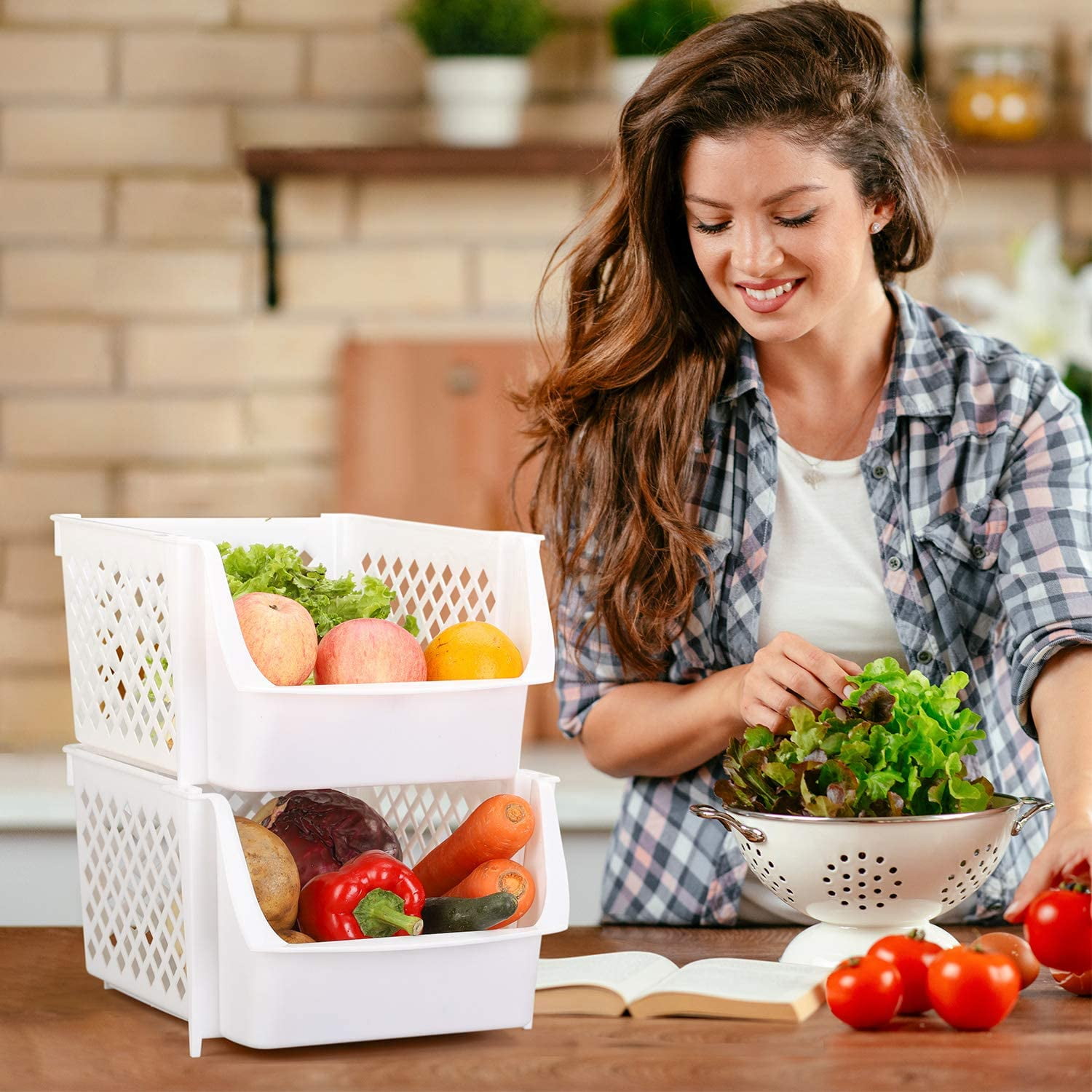 HOUSE DAY 4 Pack Plastic Storage Bins, Storage Basket, Versatile Open Plastic Bin Container, White