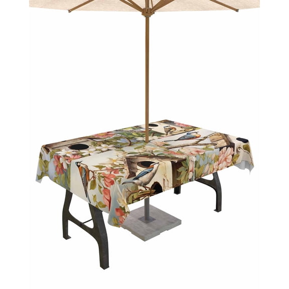 Fsddascl Birdhouse Outdoor Tablecloth - 60x120 Inch Rectangle Dining Table Cover, Spring Floral Botanical Farmhouse Waterproof Outdoor Table Cloth with Umbrella Hole & Zipper for Picnic/Patio/Party