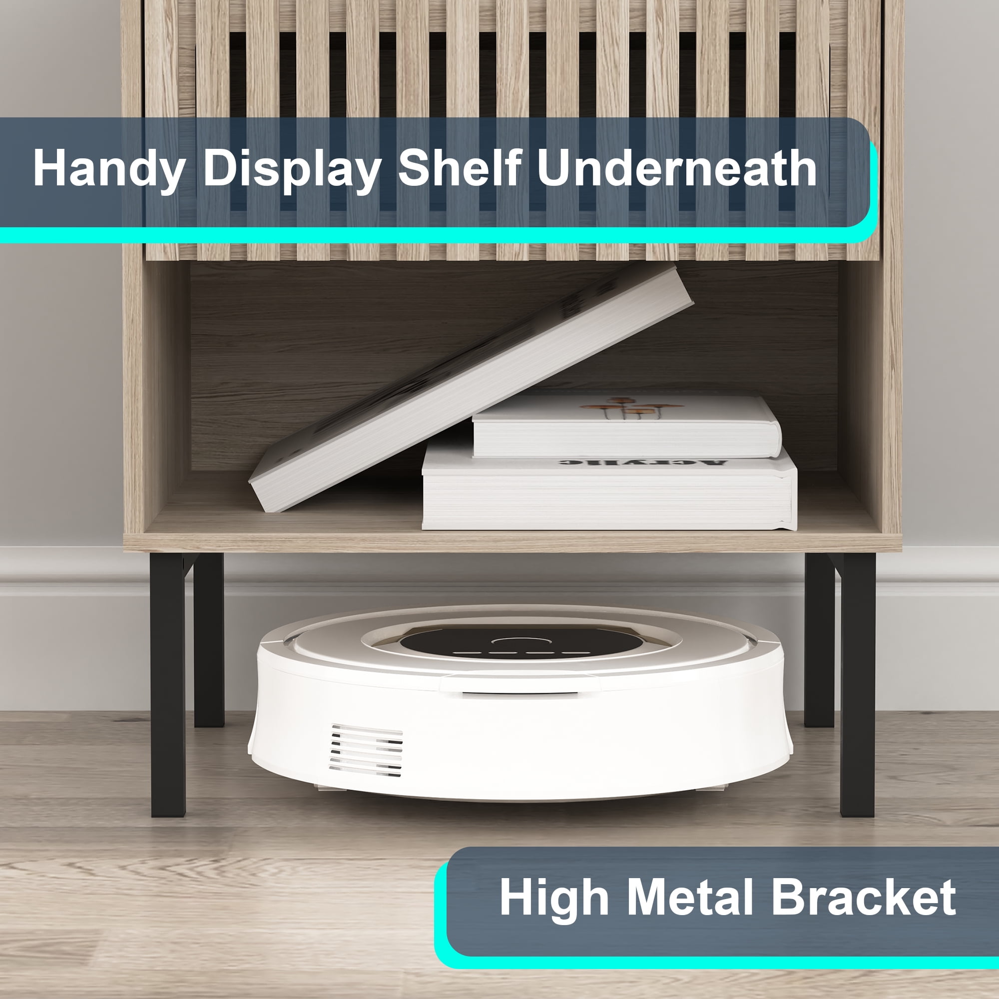 Demi Bonn Set of 2 Modern Nightstand with Minimalist Iron Foot Design, Vertical Stripe Elements, Bedside Cabinets for Contemporary Homes, Beige