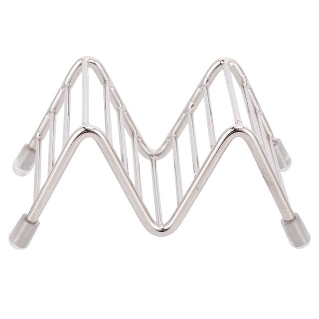 taco stand, taco rack taco holder taco shell holder para cocinas caseras y restaurantes anggrek otros Soporte para tacos en acero inoxidable 304 con silueta en M de tres ranuras verticales, vista frontal centrada; patas con topes de silicón y acabado pulido, apto para lavavajillas y parrilla; suele usarse también para mantener tortillas o panes pequeños en posición vertical.