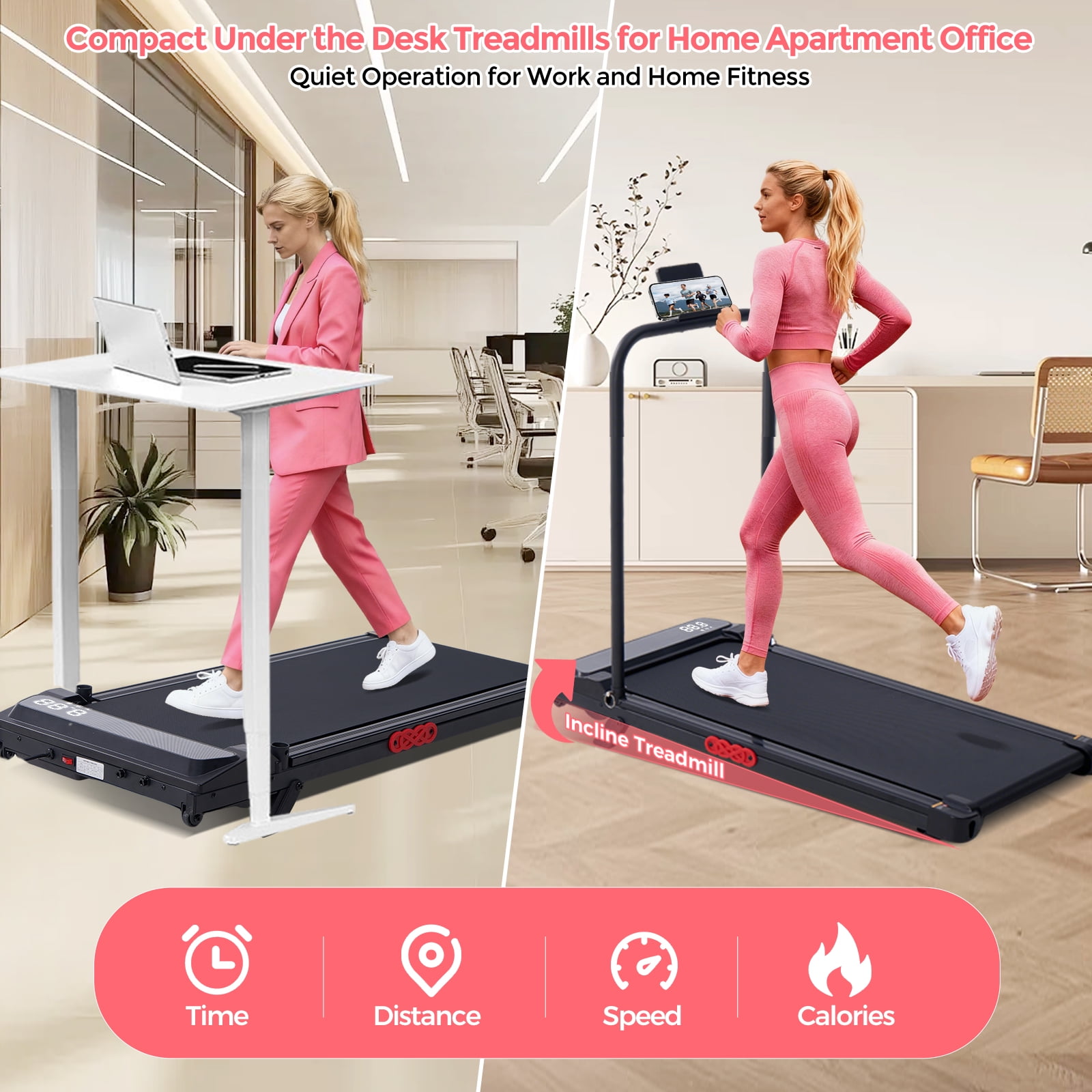HevGlrm Walking Pad Treadmill with Incline for Home,3.0HP Portbale Under Desk Treadmills with Handles,350 lbs Capacity Compact Running Treadmill for Small Space,0.6-7.6 MPH