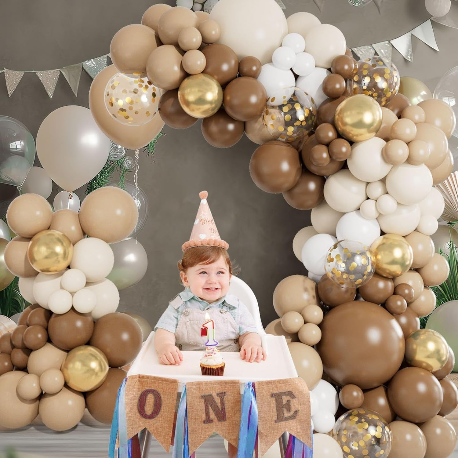 NestE - Brown Balloon Garland Arch Kit 141PCS Brown Boho Neutral White Gold Latex Metallic Confetti Balloons for Safari Neutral Bear Baby Shower Birthday Party Decorations