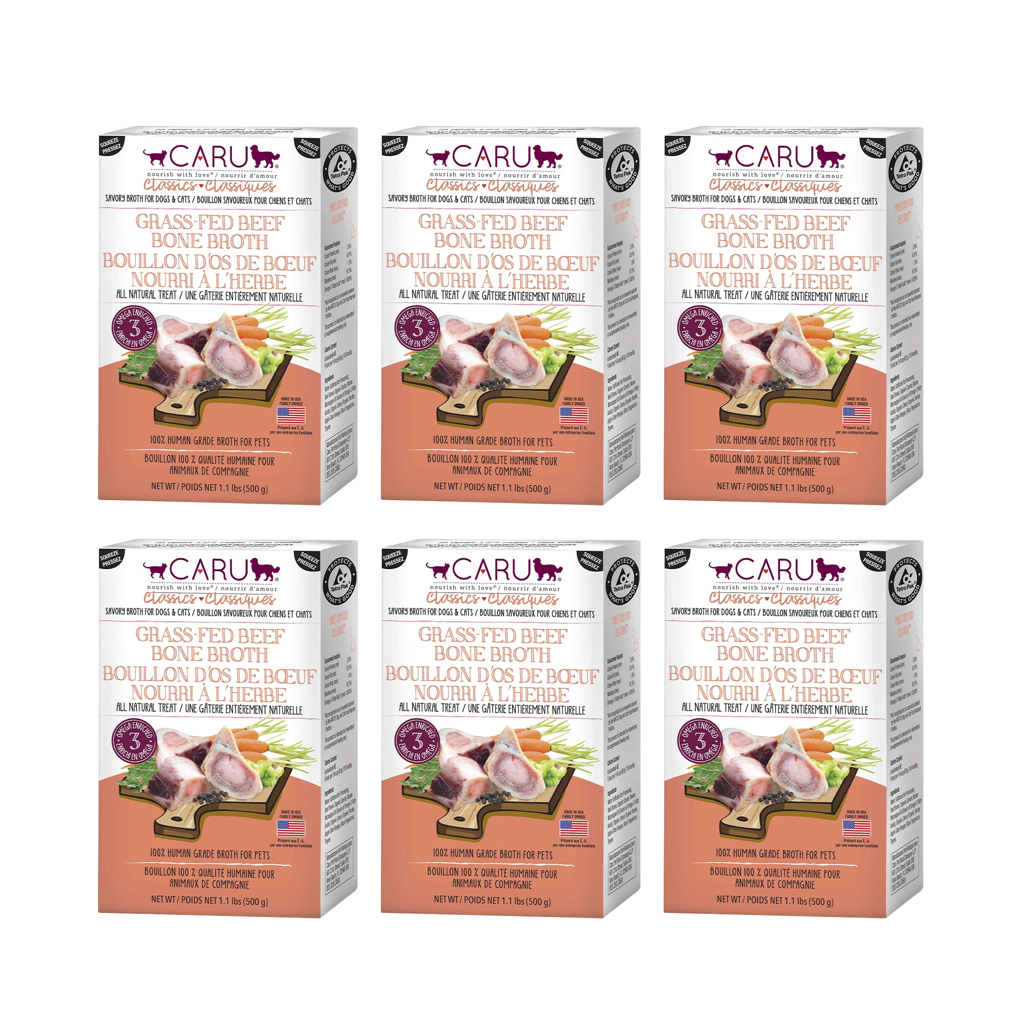CARU - Classics Grass-Fed Beef Bone Broth - Healthy Functional Food Topper for Dogs & Cats - 1.1 lb Carton - 6 Pack