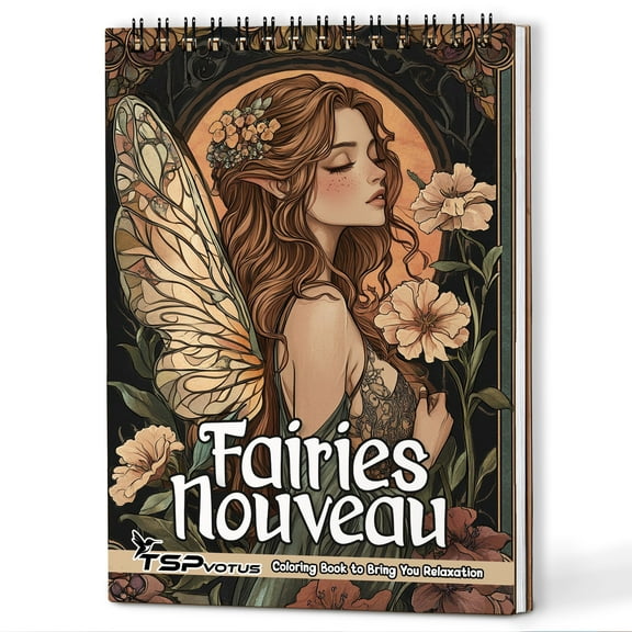 TSPVOTUS Fairies Nouveau Spiral Bound Adults Coloring Book, A5 Wooden Cover, 30 Beautiful Coloring Pages of Fairies Nouveau Art for Stress Relief and Relaxation