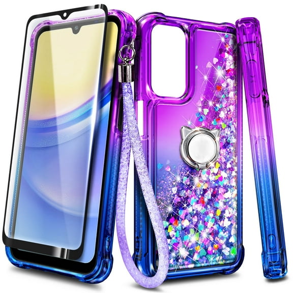 Nagebee Liquid Case Cover with Tempered Glass Screen Protector for Samsung Galaxy A15, Purple & Blue