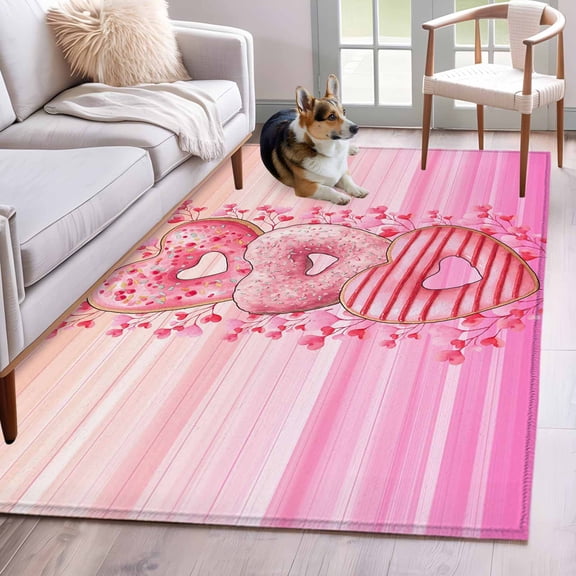 Area Rug for Living Room, Valentine's Day Non-Slip Indoor Large Carpet for Bedroom/Dining Room, Pink Gradient Love Hearts Desserts Washable Low-Profile Rectangle Floor Mat Runner Rugs - 3 x 5 Ft