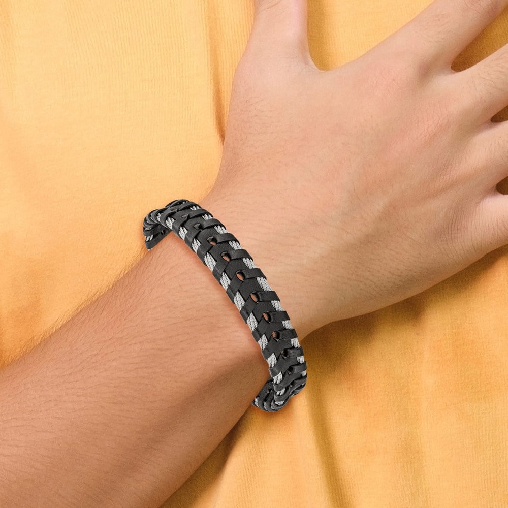 Diamond2Deal Stainless Steel Polished Cable and Black Leather Bracelet for Men 8.25"