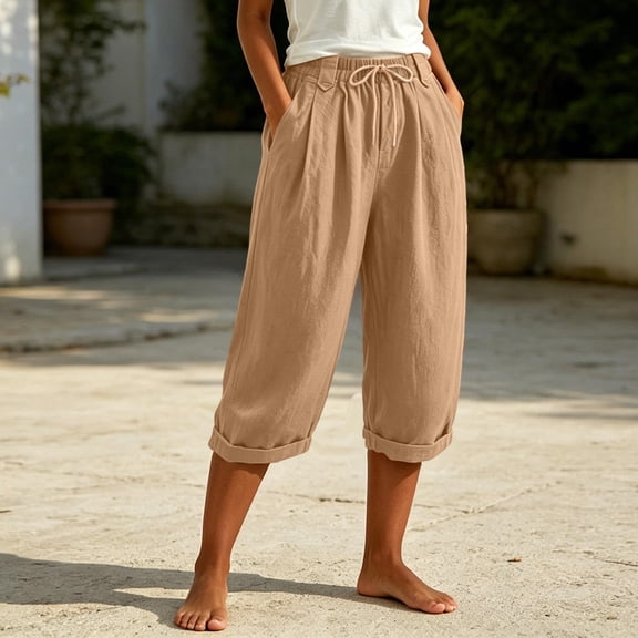 Linen Capri Pants for Women Wide Leg Summer Capris with Pockets, L