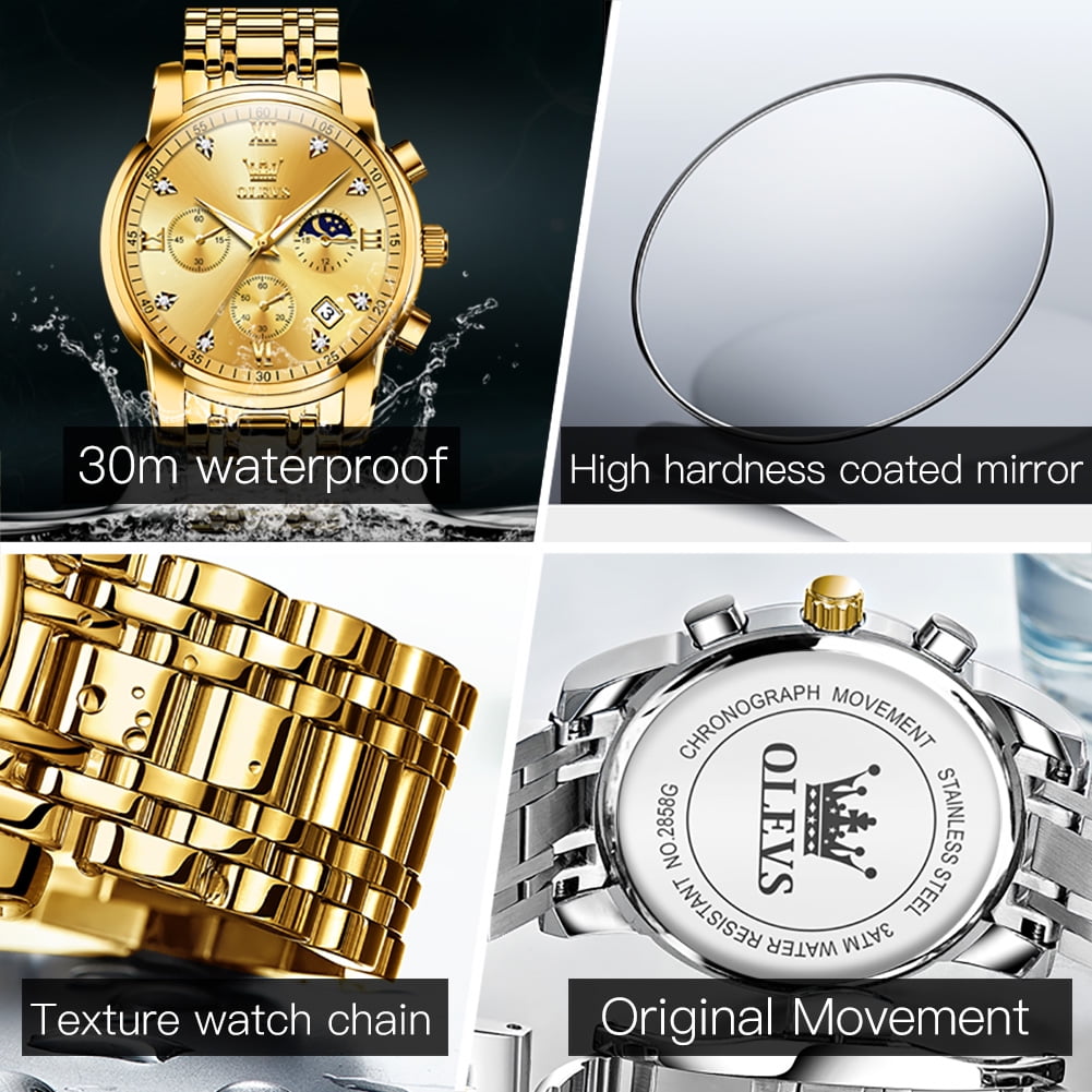OLEVS Watches for Men, Mens Watches Gifts for Men Chronograph Analog Quartz Luxury Casual Classic Diamond Waterproof Luminous Gold Stainless Steel Reloj para Hombre
