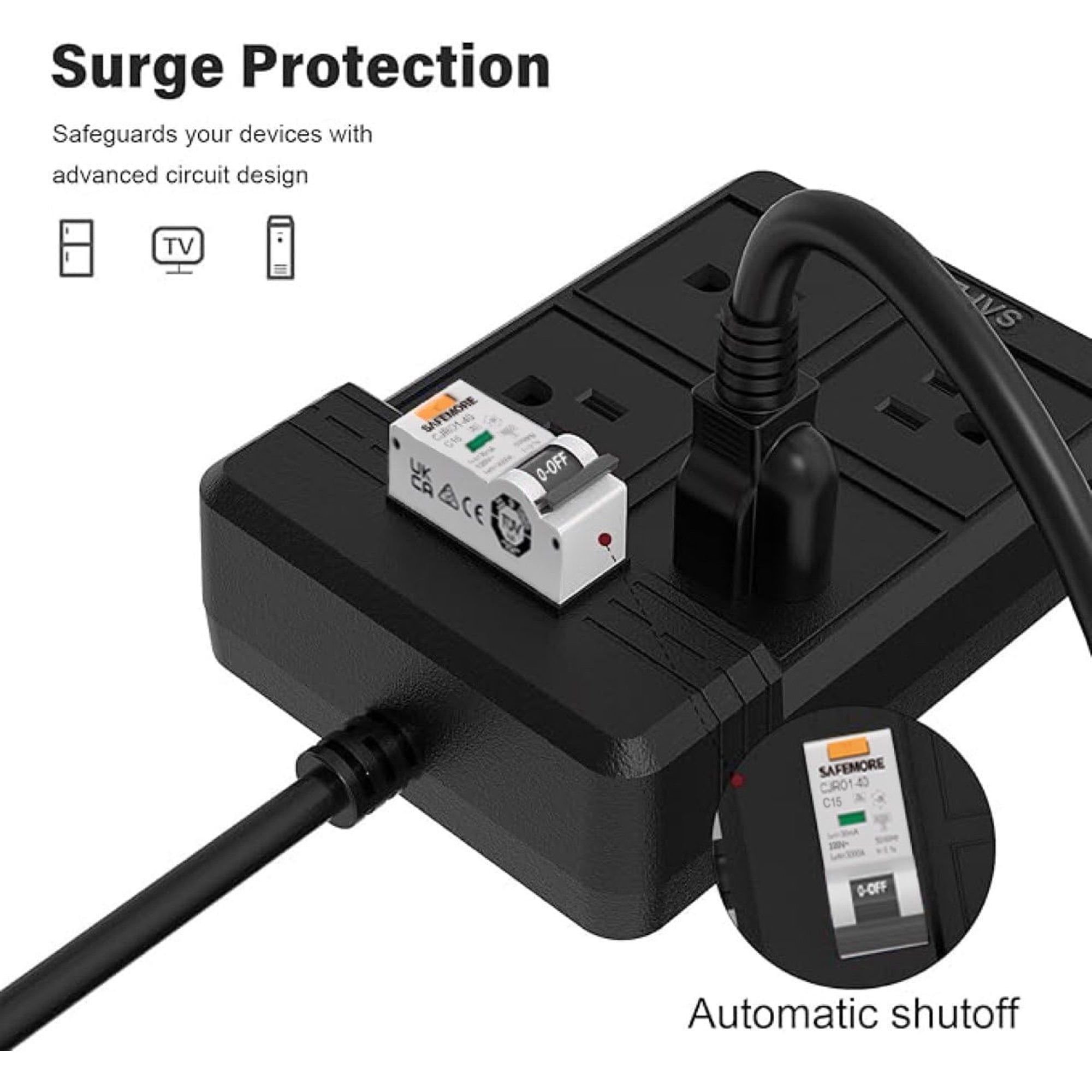 Safemore SM-RCDM-BK 14 Gauge 5.9 ft Black 4 Outlet SJT Extension Cord