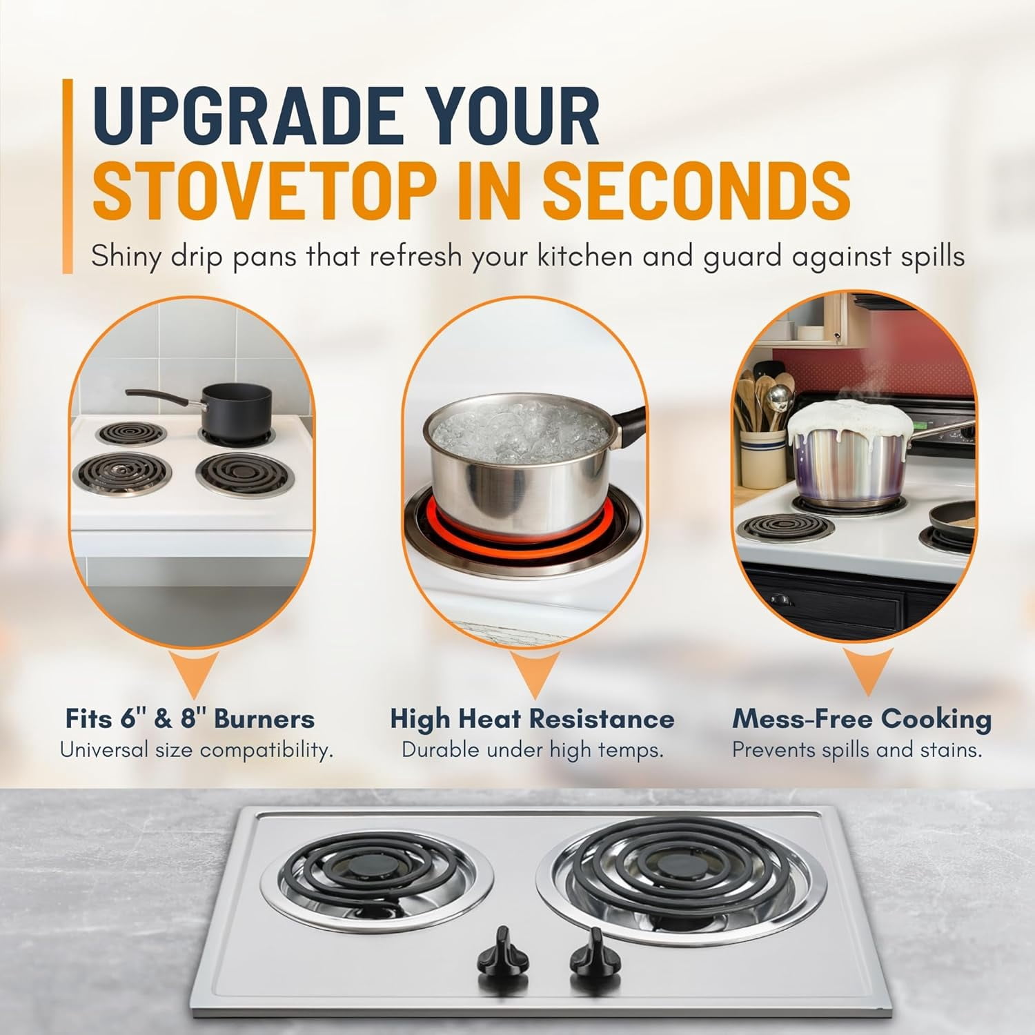 Electric Stove Drip Pans Set of 4 (2 x 6-Inch & 2 x 8-Inch) Stove Drip Pans for Electric Stove for Whirlpool, Maytag, KitchenAid & More - Compatible with W10196405 & W10196406 Stove Burner Drip Pan