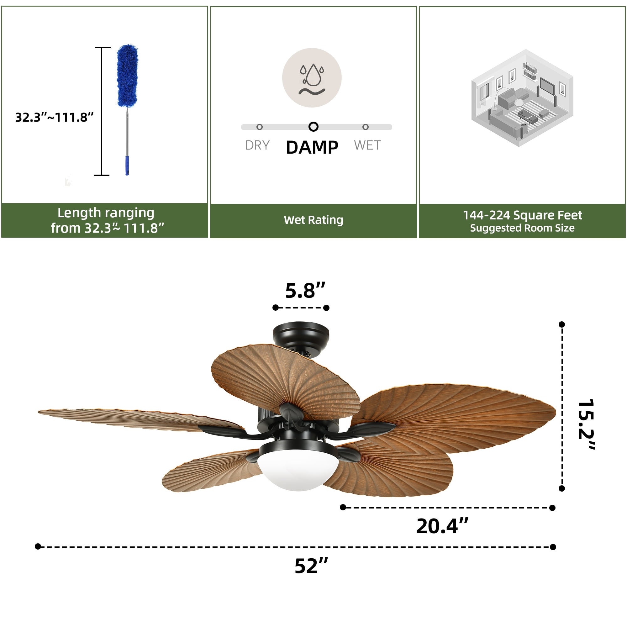 Uforic 52" Tropical Ceiling Fans with LED Light and Remote,Alexa,3 Ways Control,5 Palm Leaf blades Ceiling Fan - Brown