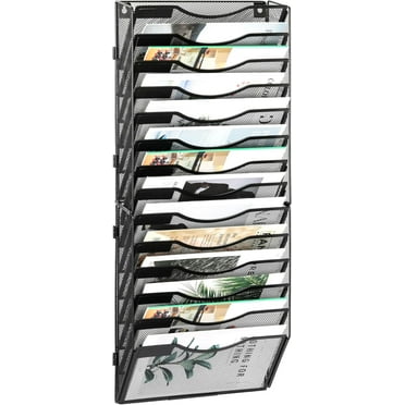 Hanging Wall File Holder 14 Tier Assembly Mesh Office Letter-Sized Wall Mount Mail Organizer Paper Magazine Rack with Nametags, Black