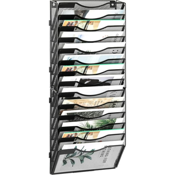 14 Pocket Wall File Organizer, Black | Metal Mesh Wall Mounted File Holder | Assembly Hanging Mail Organizer | Replaceable Classify Labels | Office Home Letter Size Paper Storage