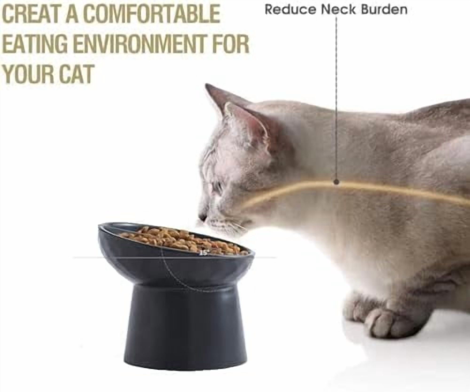 4 Pcs Small Ceramic Raised Cat Bowls, Tilted Elevated Food or Water Bowls, Stress Free, Backflow Prevention, Dishwasher and Microwave Safe, Lead & Cadmium Free(2pc Black + 2pc White)