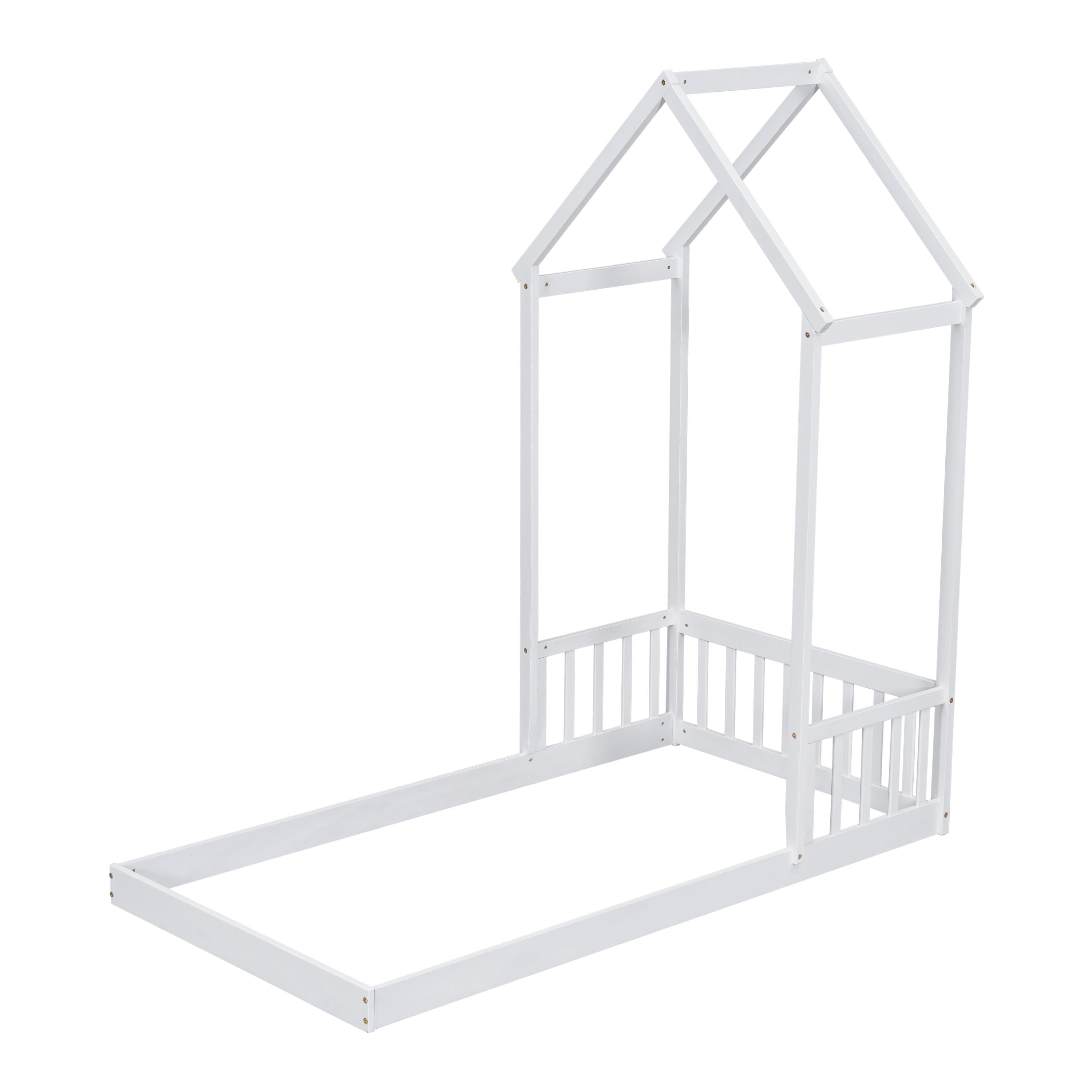PORKISS Twin Size Floor Bed for Kids, Wood Montessori Bed with House-shaped Roof, White