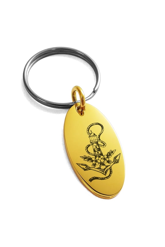 Stainless Steel Nautical Anchor Lighthouse Engraved Small Oval Charm Keychain Keyring