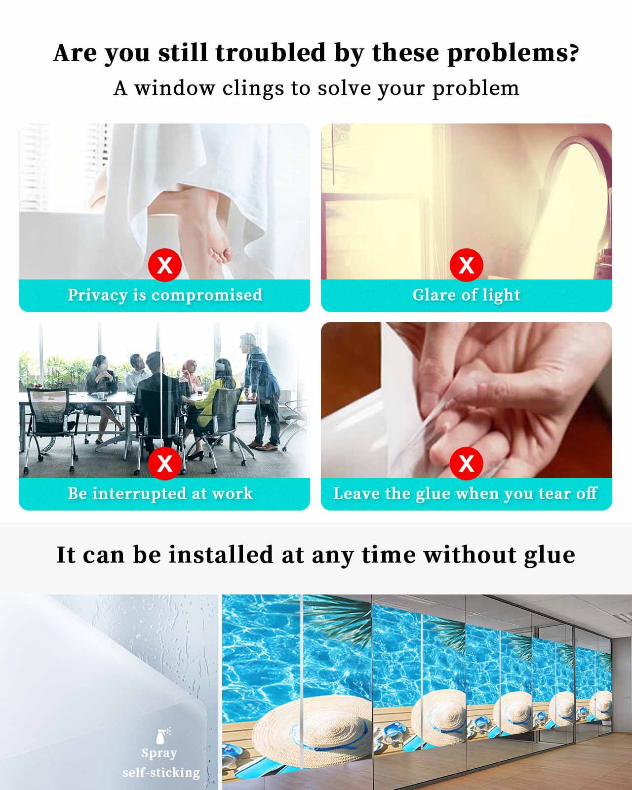 Window Privacy Film Coastal Ocean Stained Glass Window Film Decorative Sun Block Window Cover Blue Sea Pool Slippers Straw Hat Starfish Window Clings Static Adhesive Sticker for Bathroom 23.6"x59"