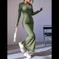 thumbnail image 4 of Vestido Maxi de Punto Acanalado con Cuello en V y Larga para Mujer, con Abertura en el Muslo y Ajustado. Verde M, 4 of 9