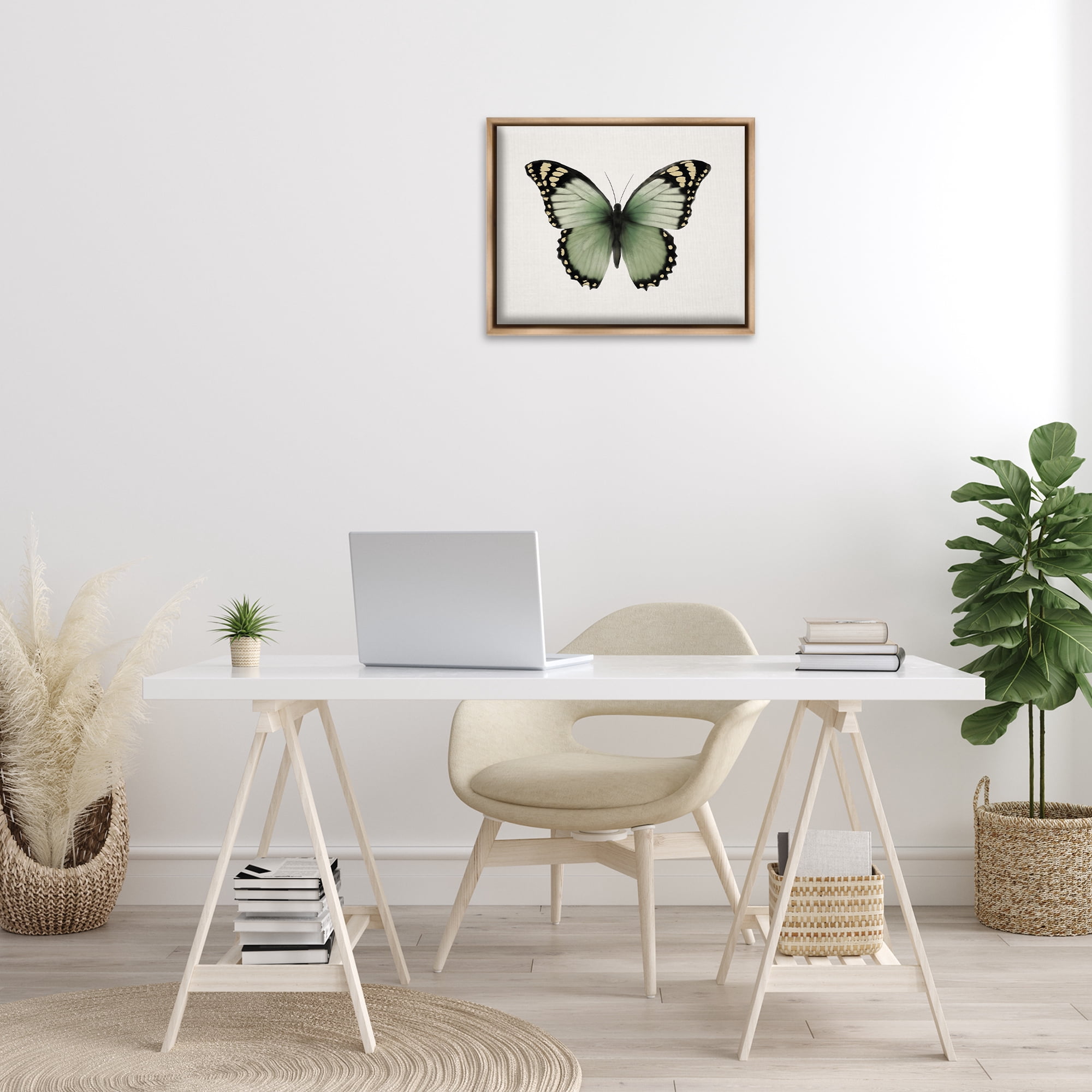 Stupell Industries Green Symmetrical Butterfly Animals Painting Brown Floater Framed Canvas Art Print Wall Art, 21 x 17