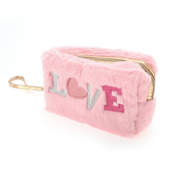 1 Pc Women Portable Embroidery LOVE Makeup Bag for Travel Vacation Wedding Pink Plush