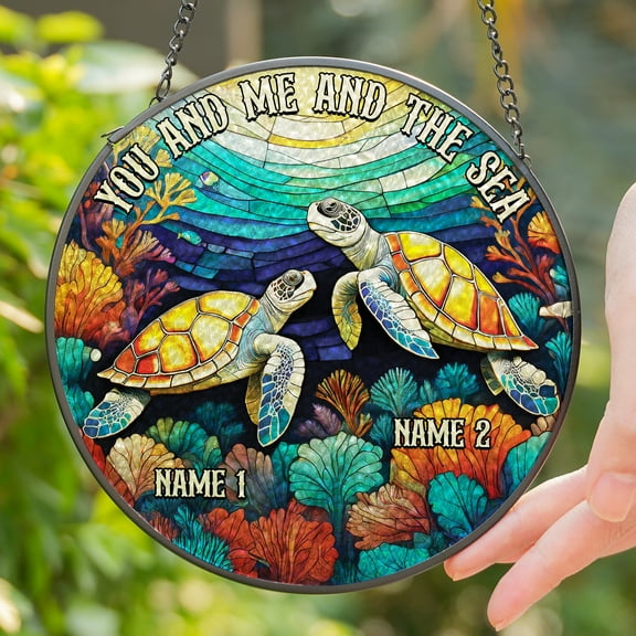 Lotusprinthandmade Personalized Sea Turtle Couple Stained Glass Suncatcher for Window Hanging Cir4in