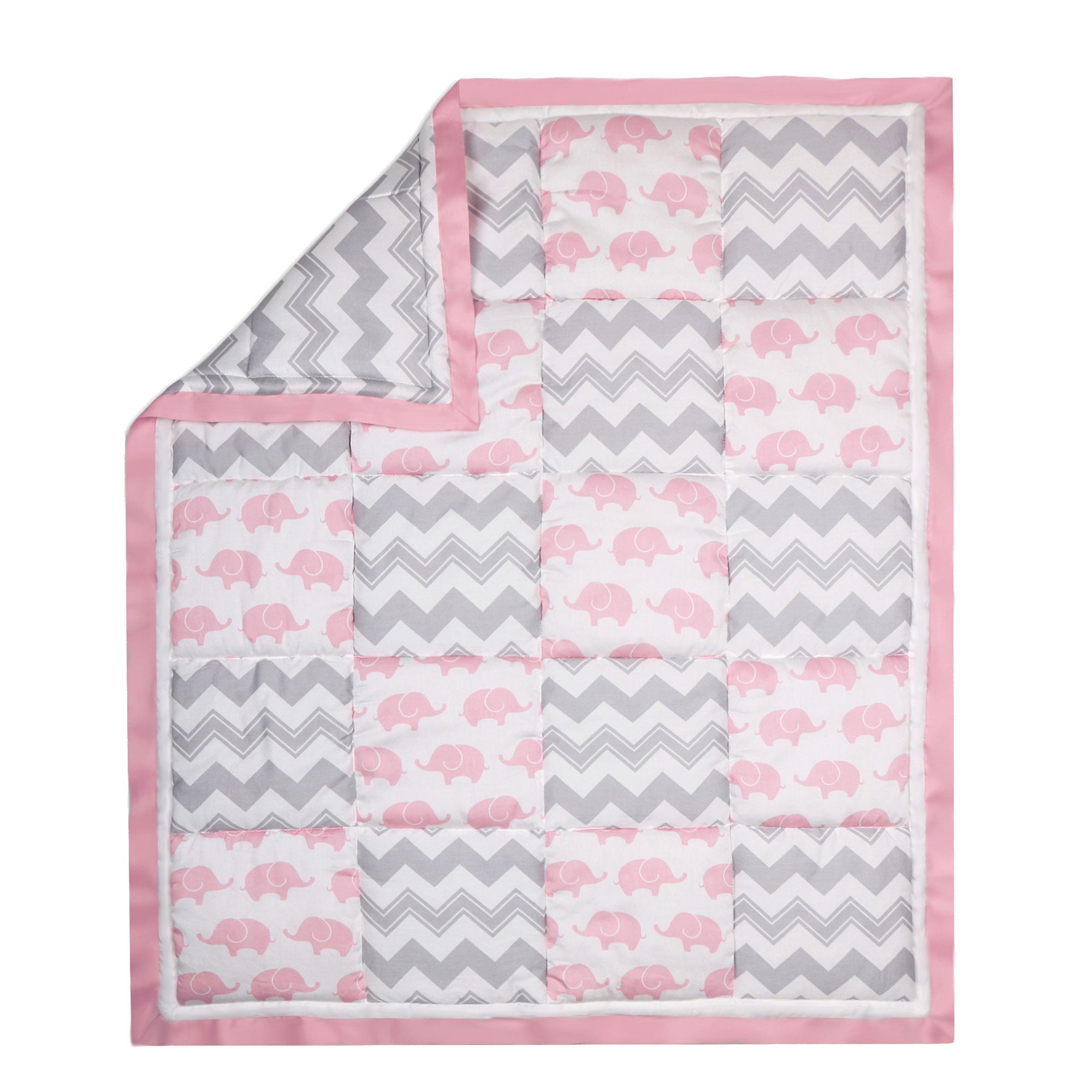 The Peanut Shell Baby Crib Quilt Grey and Pink Elephant and Zig Zag Prints 100 Cotton