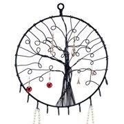 Wall Hanging Round Metal Tree Silhouette Design Jewelry Holder, Earrings and Necklace Hooks, Black