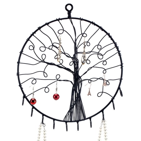 Wall Hanging Round Metal Tree Silhouette Design Jewelry Holder, Earrings and Necklace Hooks, Black