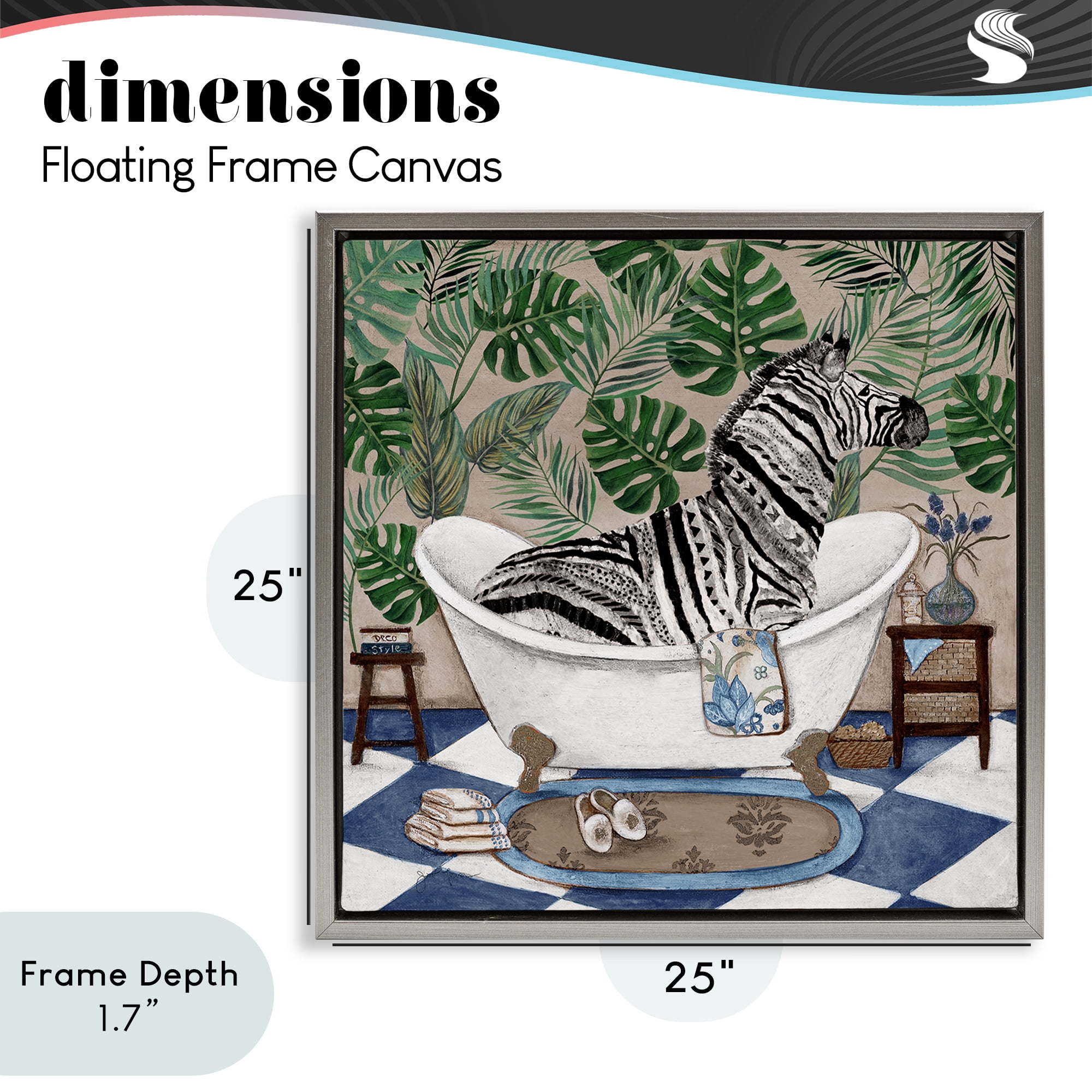 Stupell Industries Zebra in Tropical Bathtub Gray Framed Floater Canvas Wall Art, design by Janet Tava