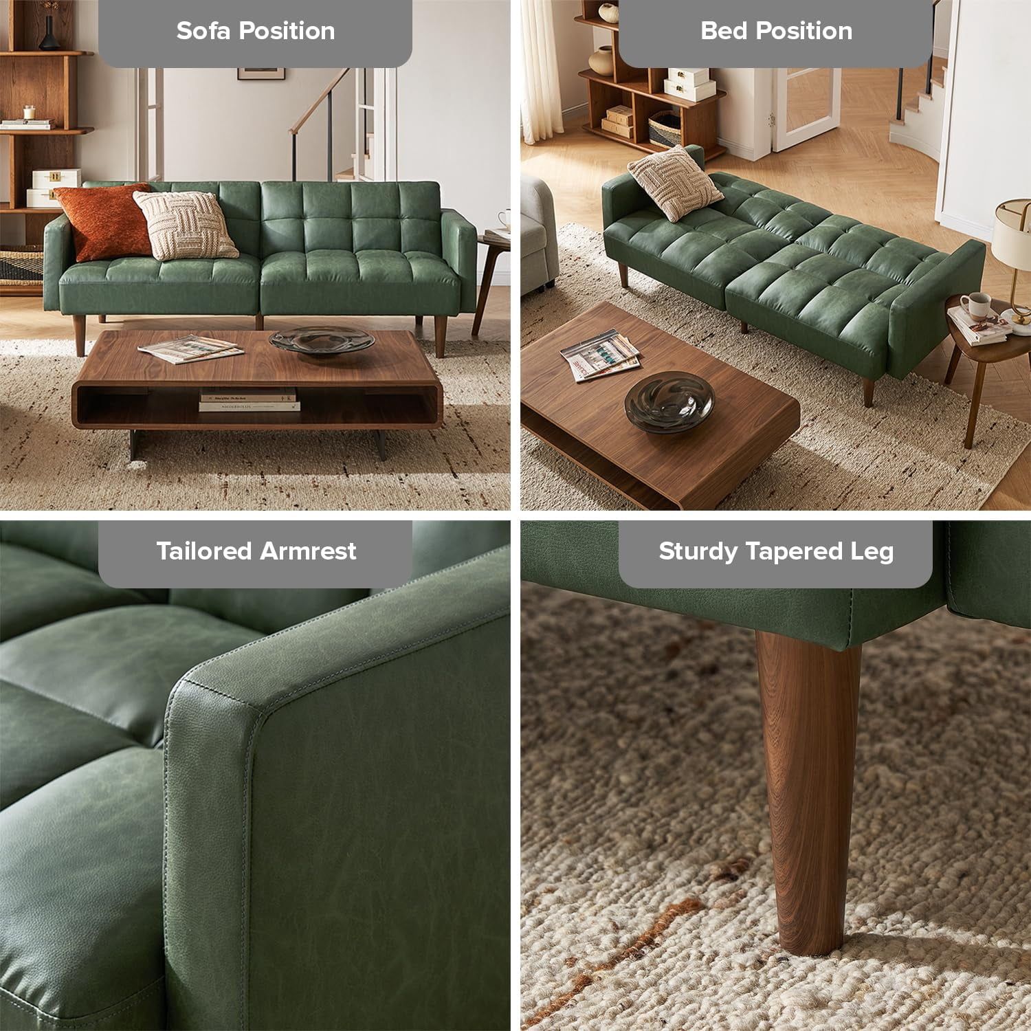 Mopio Aaron Futon Convertible Sofa Sleeper Futon with Arms Split Back Design 77.5" Sage Green Faux Leather