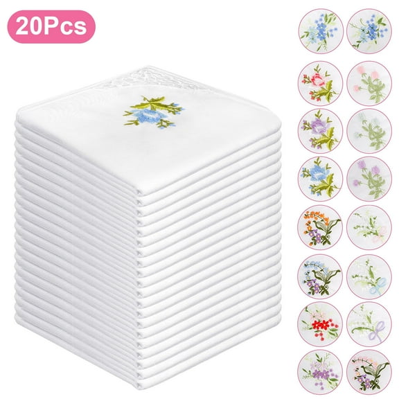 20pcs Floral Embroidered Handkerchiefs for Women, TSV 11x11'' Soft Cotton Hankies for Business