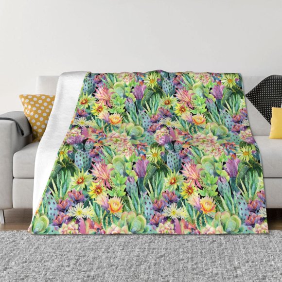 Gaeub Watercolor Blooming Cactus Print Flannel Throw Blanket,Plush Throw,Fuzzy Bed Blanket for Bedding Sofa and Travel,Decorative Blanket-80"x60"