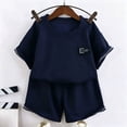thumbnail image 2 of oqasdz Toddler Children Girls Summer Outfits Knit Short Sleeve Letter Print Crew Neck Tee Top and Shorts Set Loose Breathable Casual Outdoor Clothing Sets,Navy,11-12 Years, 2 of 3