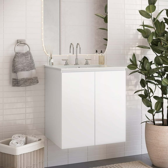 Modway Bryn 24" Wall-Mount Bathroom Vanity in White White
