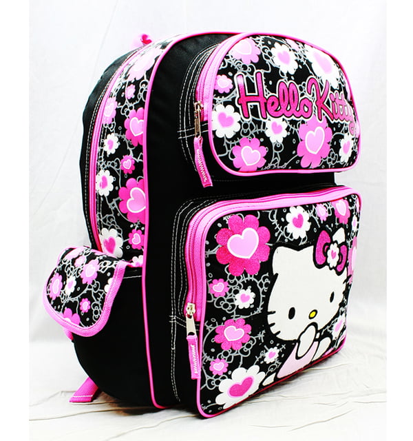 Sanrio Hello Kitty Fullbody Shine Heart 16" Canvas Black Grils School Backpack 