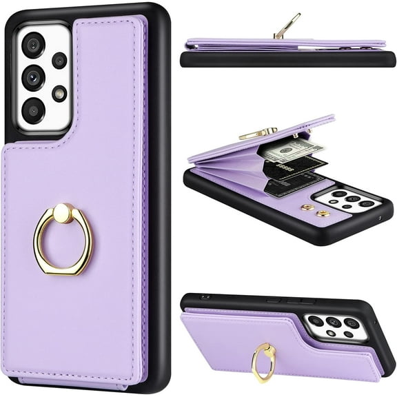 Wallet Case for Galaxy A53 with Card Holder 360°Rotation Ring Stand Kickstand Women Girls PU Leather Double Buttons Flip Cover RFID Blocking Protective Case for Samsung Galaxy A53 Violet