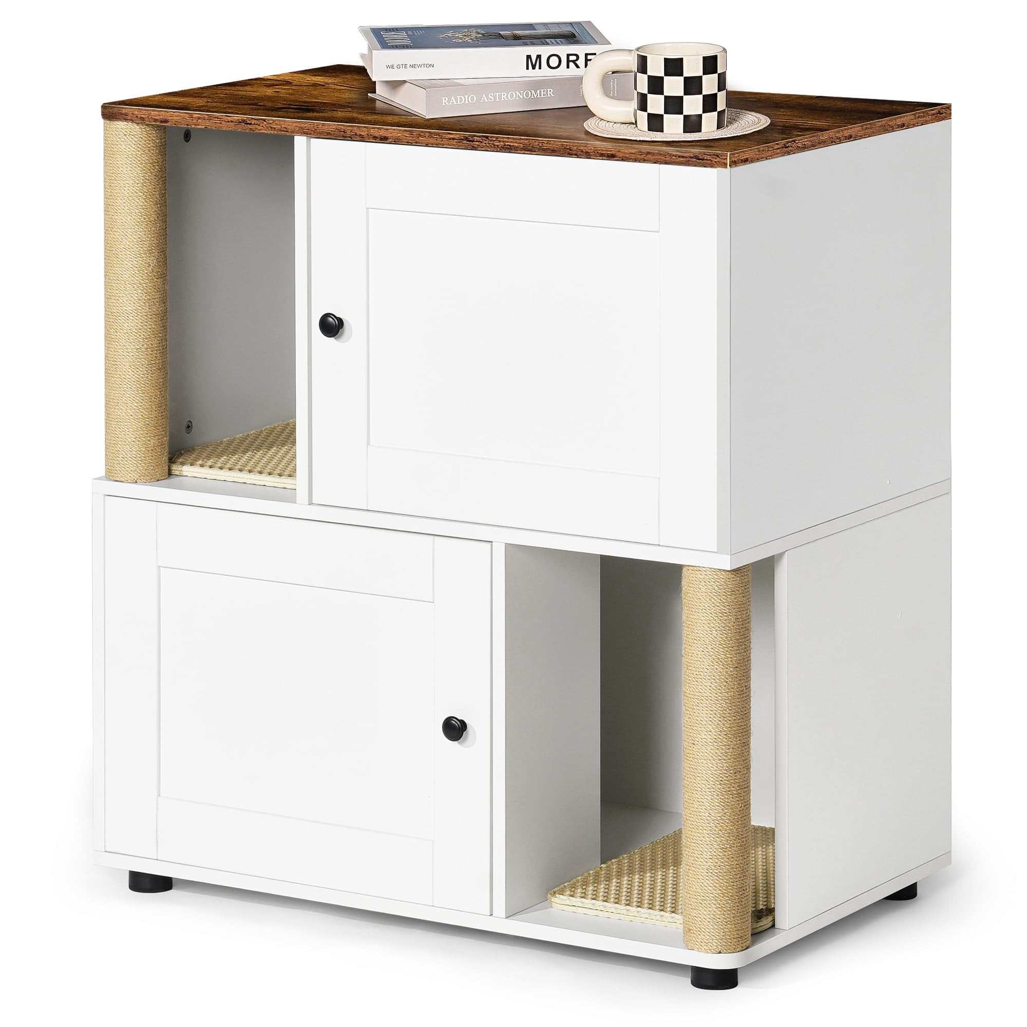 Shininglove Double Cat Litter Box Enclosure Furniture - Hidden 2-Litter Box Cabinet with Scratching Posts, Wooden End Table Design for Indoor Cats (Fits Most 22"x18" Boxes)