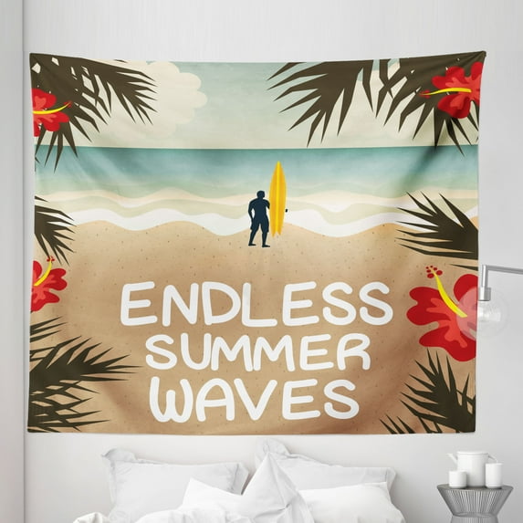 Surf Tapestry, Summer Season Cartoon Composition Waves Sandy Beach and Palm Leaves Illustration, Fabric Wall Hanging Decor for Bedroom Living Room Dorm, 5 Sizes, Multicolor, by Ambesonne