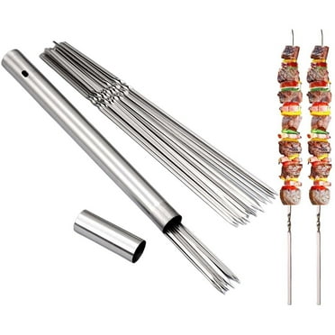 SRstrat Kabob Skewers 13.8inch Ultra Long Metal Skewers For Kabobs With Push Bar Skewers For Grilling Double Fork Roll Kebab Skewers Stainless Steel Flat Skewe