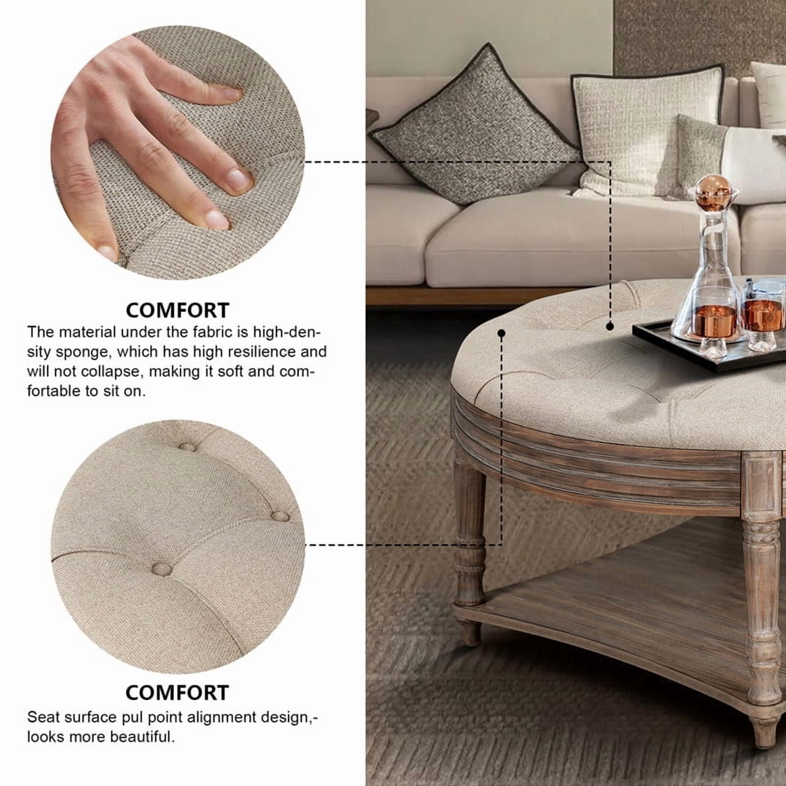 Round Storage Ottoman Coffee Table with Wooden Shelf, Oversized Tufted Upholstered Ottoman with Hidden Storage, Waterproof Linen Footrest for Living Room,Khaki